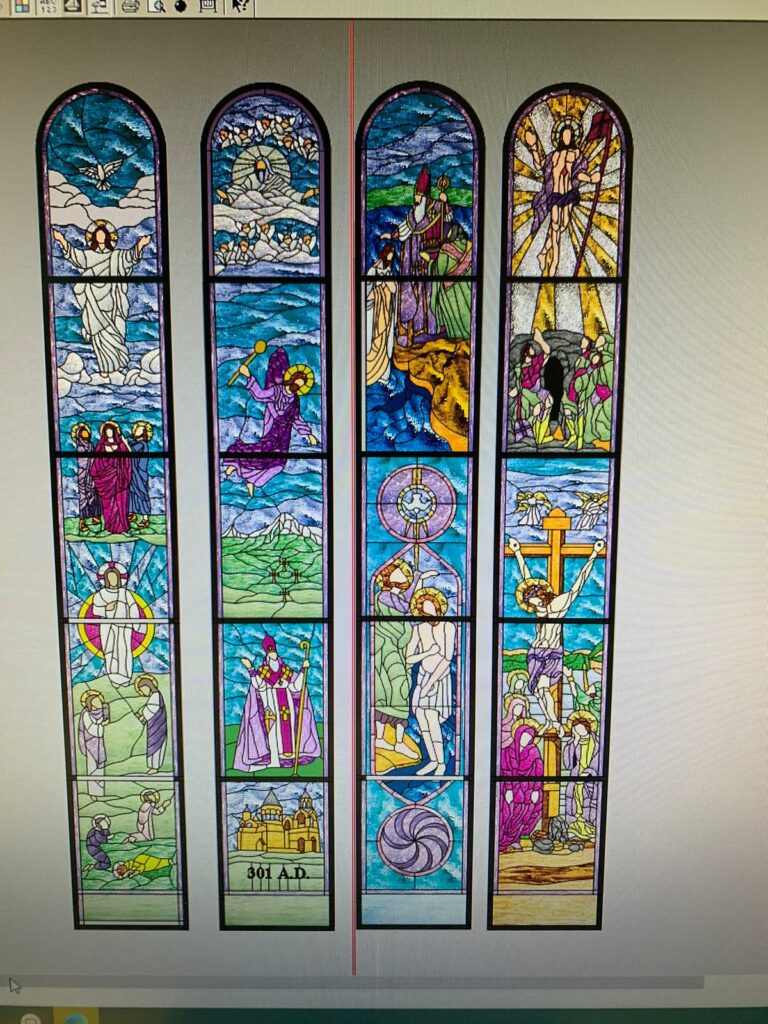 A digital rendering of four tall, arched stained glass window designs, each vertically segmented into multiple colorful scenes depicting Christian narratives. The panels feature vibrant blues, purples, greens, and yellows, illustrating events such as Christ's Ascension, Resurrection, Crucifixion, and historical moments like the Christianization of Armenia in 301 A.D., complete with figures, angels, and symbolic elements.