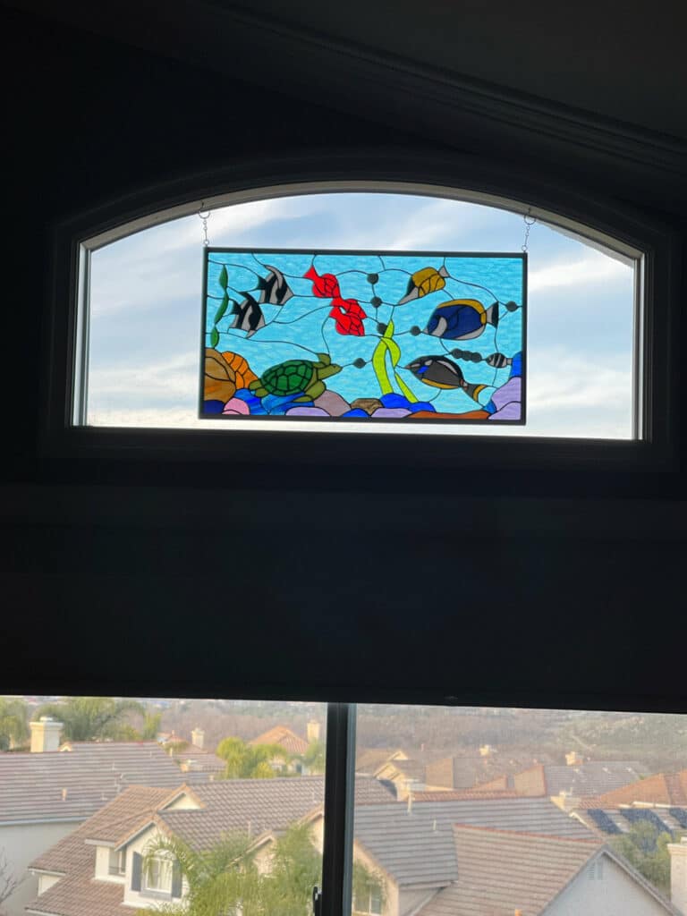 Turtle, Triggerfish and Coral Sea Life Stained Glass Window Installed