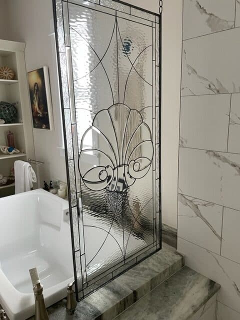 Beautiful bathroom partition! made with loops to hang from the ceiling