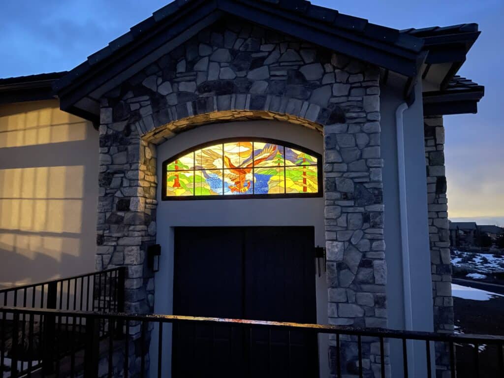 The “Montana Sunset, Eagle & Lake” Stained Glass Window Panel Installed