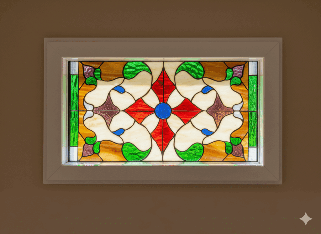 A rectangular, insulated vinyl window with an ornate Victorian stained glass panel inside. The symmetrical design features a central red star with a blue jewel, surrounded by intricate scrollwork in green, amber, and brown glass.