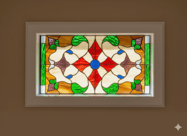 A rectangular, insulated vinyl window with an ornate Victorian stained glass panel inside. The symmetrical design features a central red star with a blue jewel, surrounded by intricate scrollwork in green, amber, and brown glass.