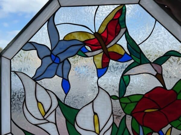 Octagonal Butterfly & Flowers Stained Glass Window Panel
