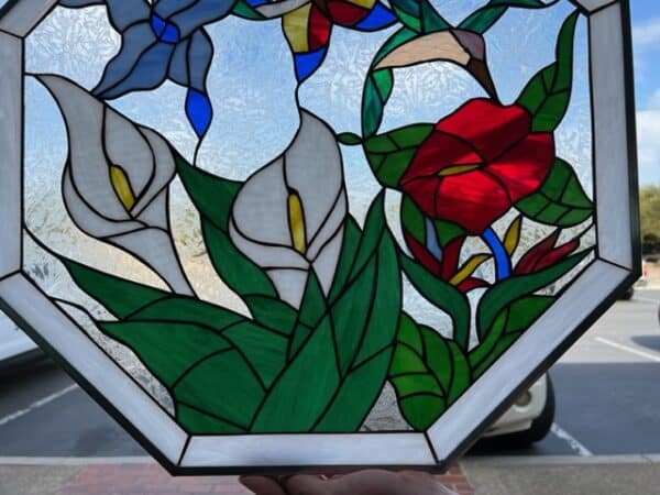 Octagonal Butterfly & Flowers Stained Glass Window Panel