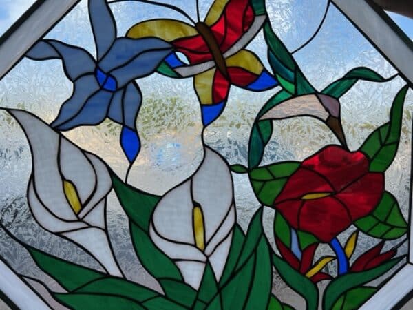Octagonal Butterfly & Flowers Stained Glass Window Panel