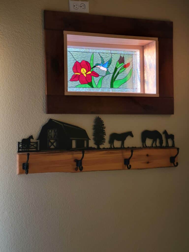 Gorgeous! Iris & Hummingbird Stained Glass Window Panel Installed