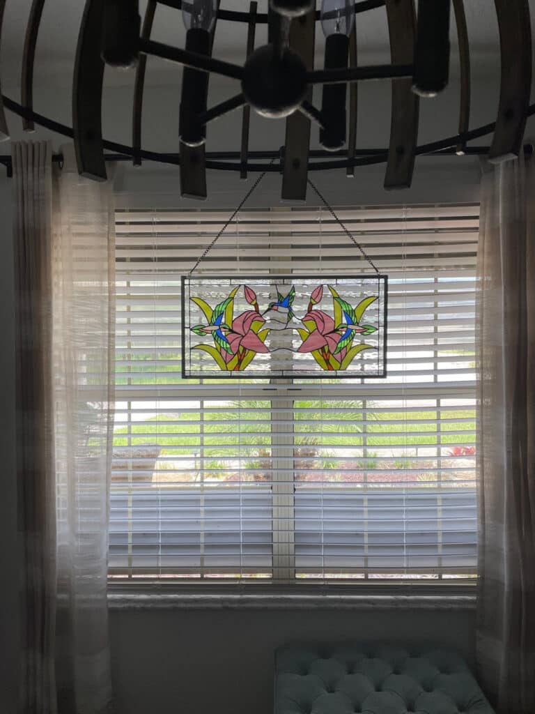 Nice! Hummingbird & Lily Stained Glass Window Panel Hung with Hooks and Chain