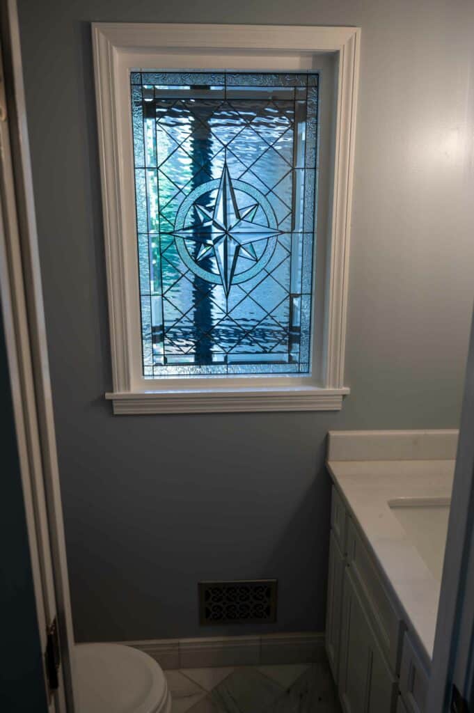 Stunning! Vinyl Framed Custom Compass Rose Design Stained Glass Window Installed