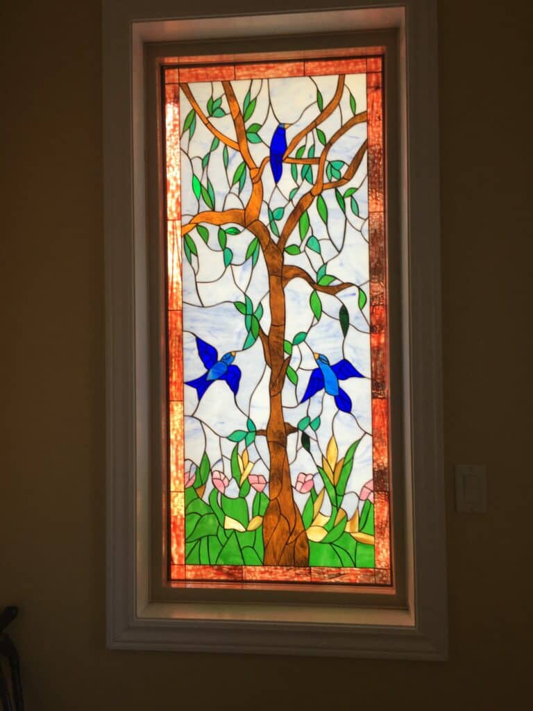 Bluebirds in a tree, Beautiful Stained Glass Window Installed