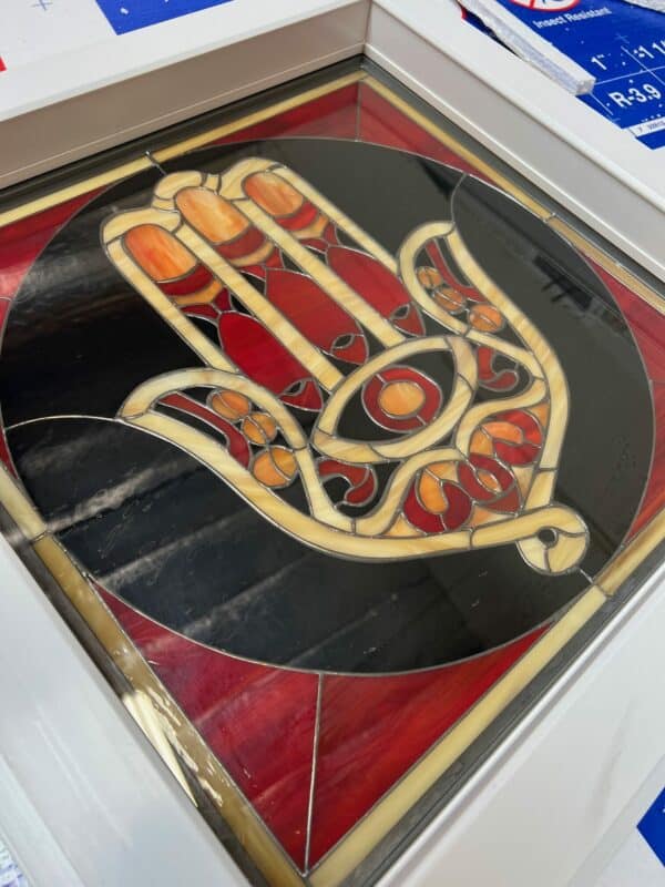 Install Ready! Hamsa Symbol Stained Glass Window With Frame - Insulated Pre-Installed White Vinyl Frame