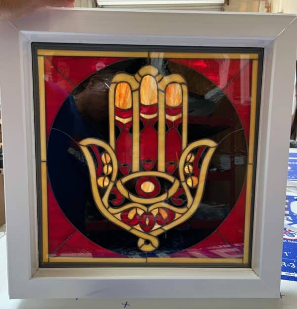 Install Ready! Hamsa Symbol Stained Glass Window With Frame - Insulated Pre-Installed White Vinyl Frame