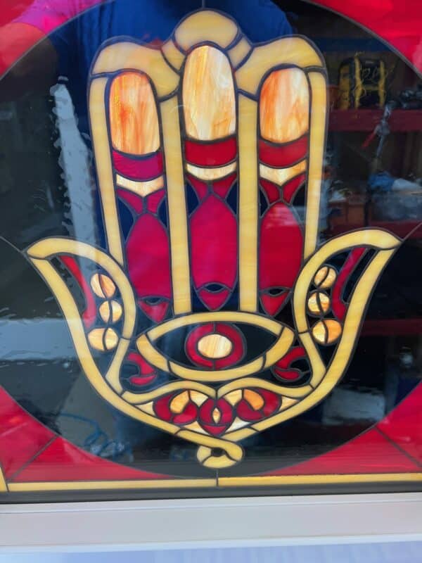 Install Ready! Hamsa Symbol Stained Glass Window With Frame - Insulated Pre-Installed White Vinyl Frame