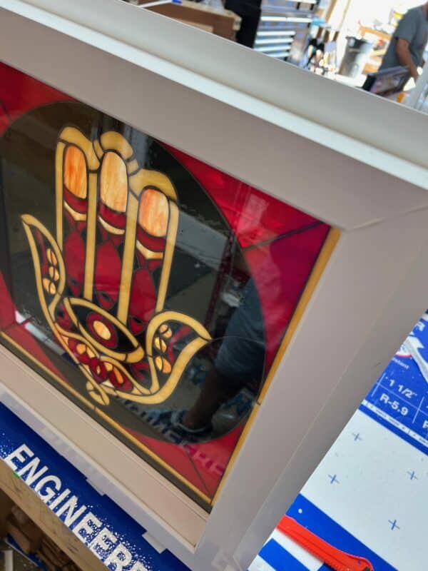 Install Ready! Hamsa Symbol Stained Glass Window With Frame - Insulated Pre-Installed White Vinyl Frame