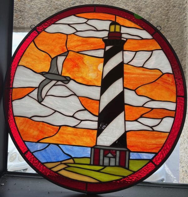 Beautiful East Coast Lighthouse At Sunset Stained Glass Window Panel