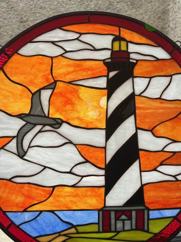Beautiful East Coast Lighthouse At Sunset Stained Glass Window Panel