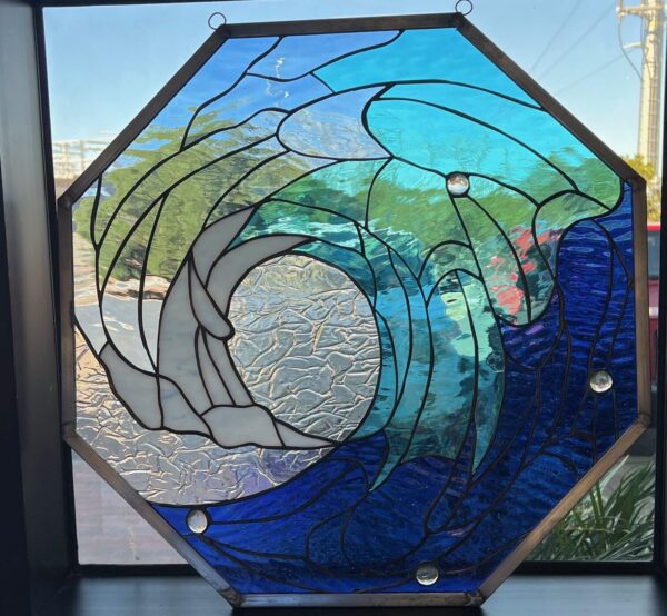 Octagon Cresting Wave Leaded Stained Glass Window Panel