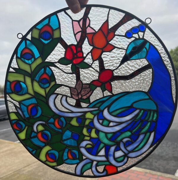 Vibrant Peacock Leaded Stained Glass Window Panel