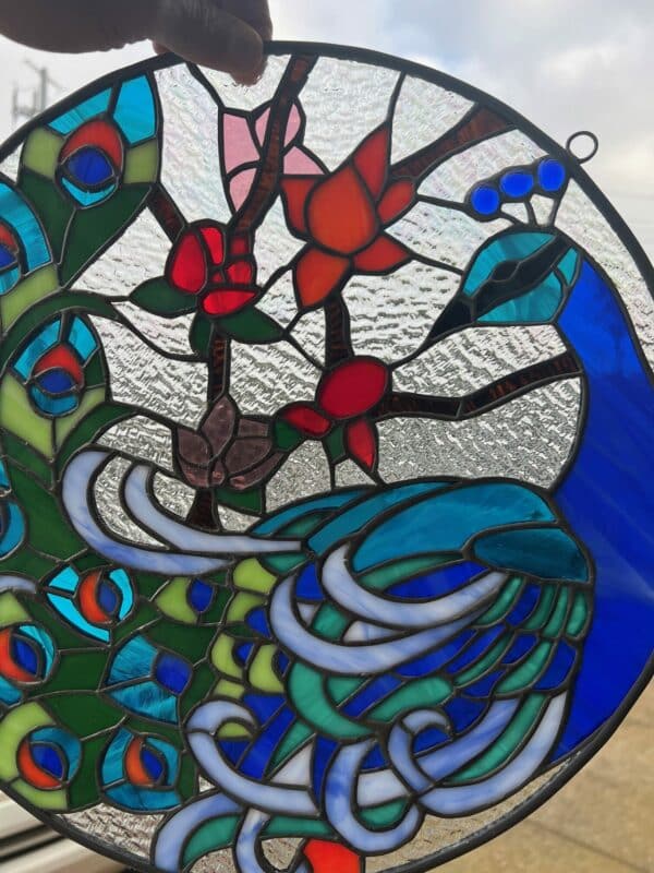 Vibrant Peacock Leaded Stained Glass Window Panel