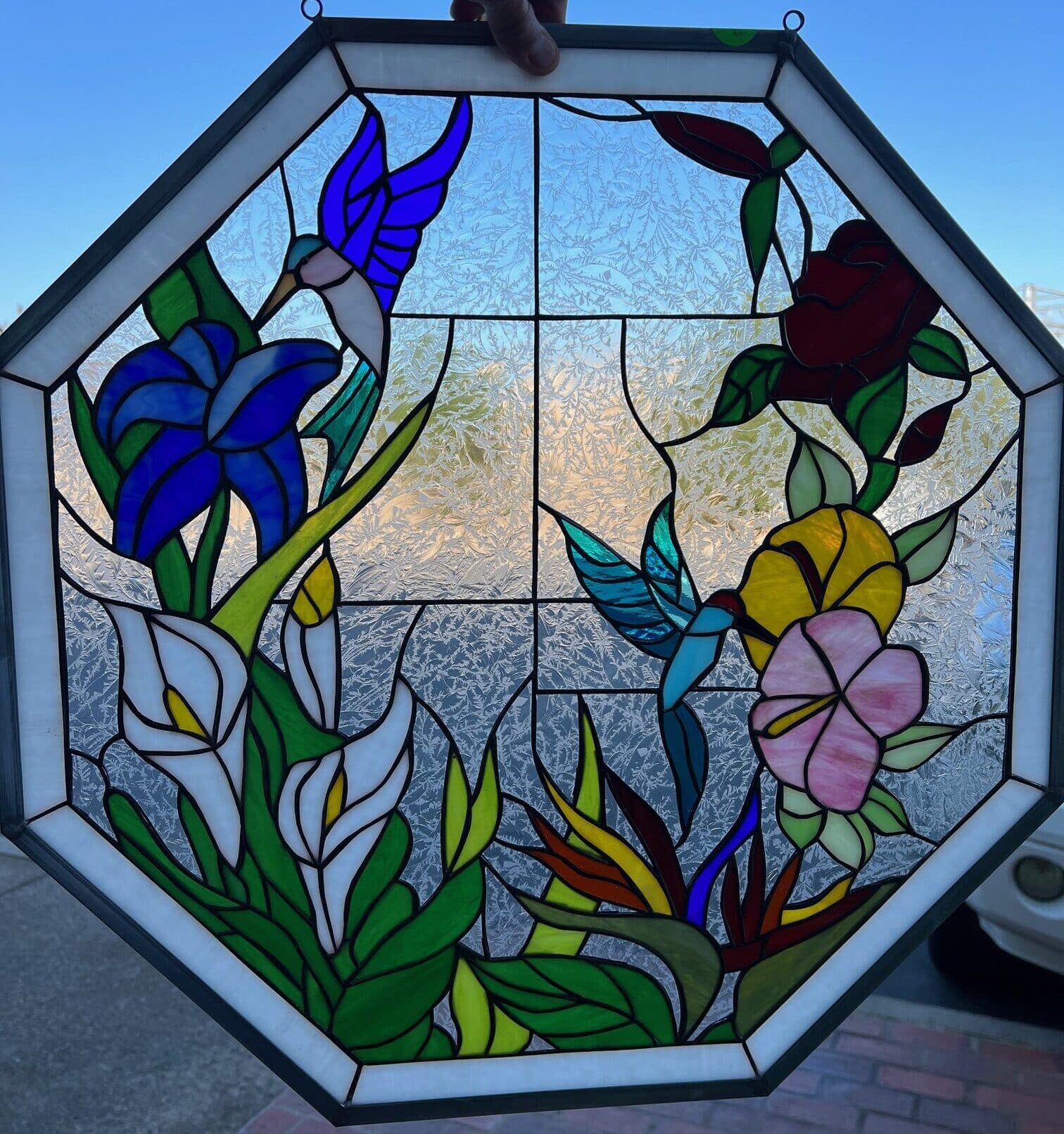 Hummingbird & Flower Paradise Octagon Leaded Stained Glass Window Panel
