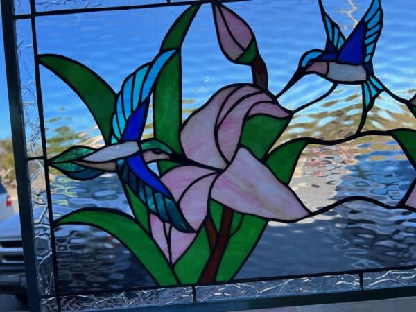 So nice! Mirrored Hummingbird & Lily Stained Glass Window Panel