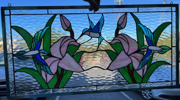 So nice! Mirrored Hummingbird & Lily Stained Glass Window Panel