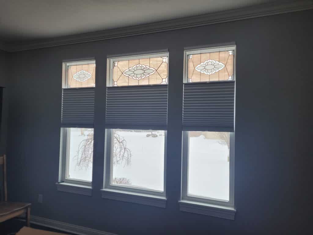 Single pane stained glass made to mount into client window openings.