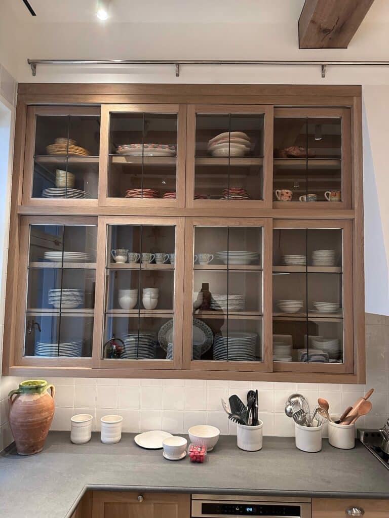 Clear leaded glass with simple lead came grid design for cabinets,