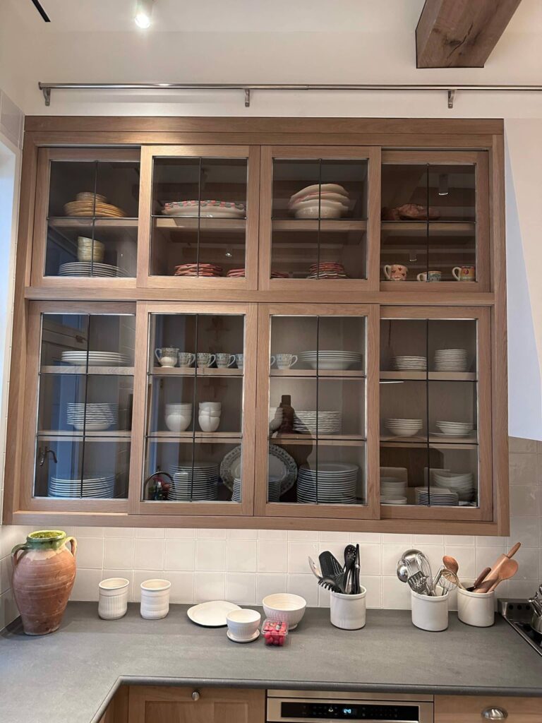 Clear leaded glass with simple lead came grid design for cabinets,