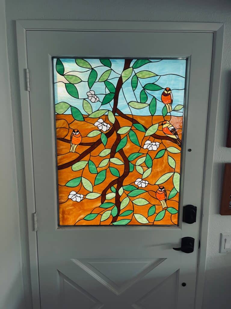 Birds Gathering Stained Glass Door Insert Installed