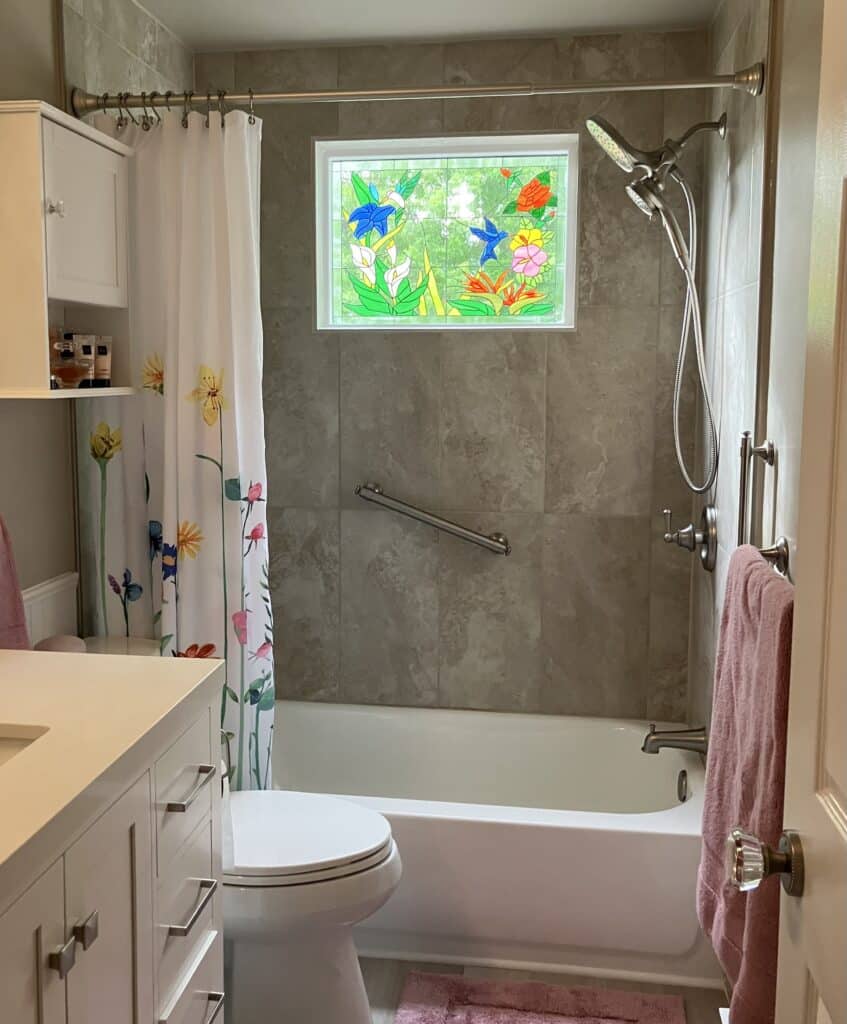 Bathroom remodel - hummingbird and flowers Stained Glass