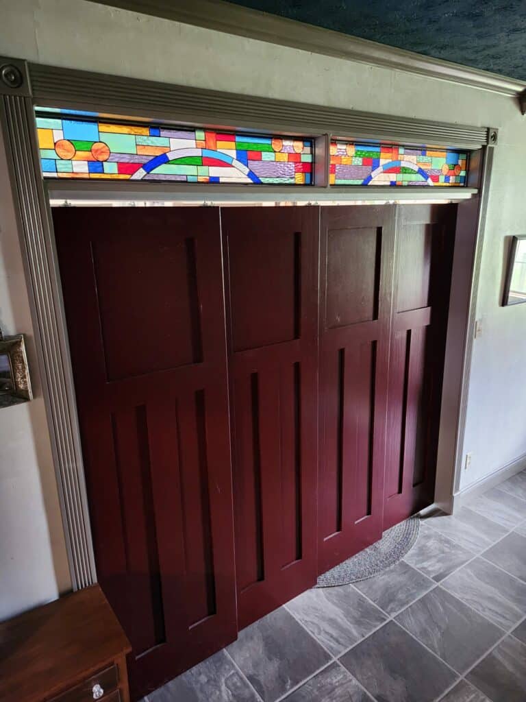 Colorful Geometric Style Stained Glass Transom window Installed