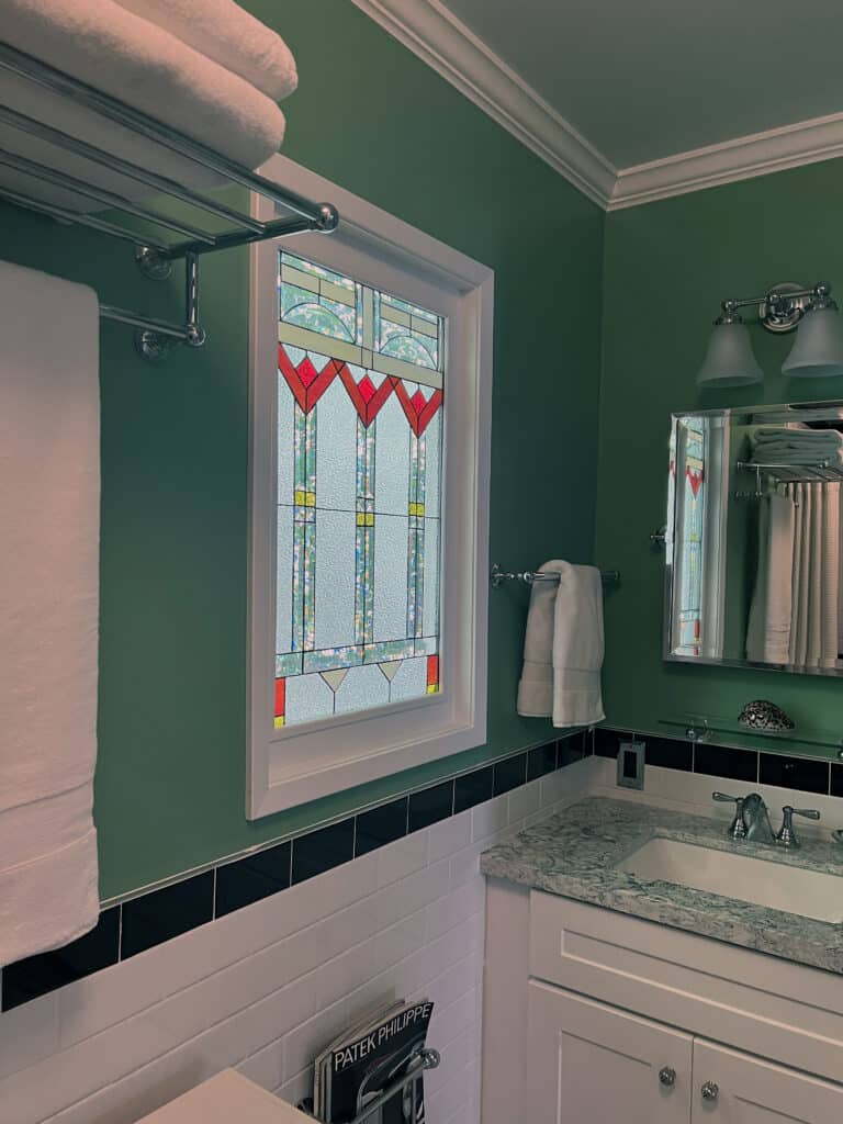 Paint grade wood sash frame, stained glass sealed within tempered glass, before and after. Bathroom FLW, Craftsman style.