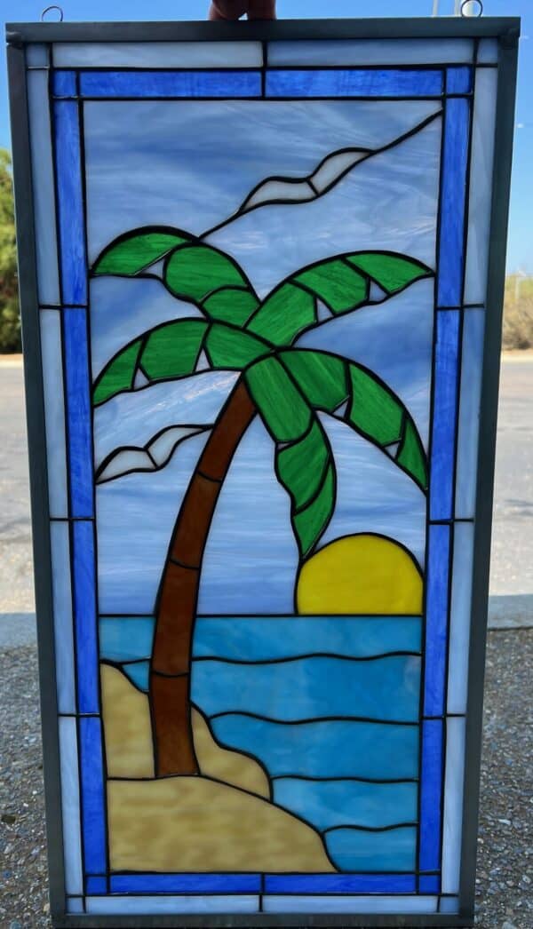 Stained Glass Palm Tree & Ocean Window Panel
