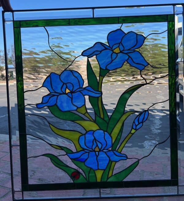 Stained Glass Iris & Lady Bug Stained Glass Window Panel