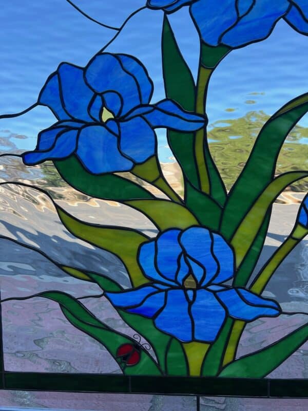 Stained Glass Iris & Lady Bug Stained Glass Window Panel