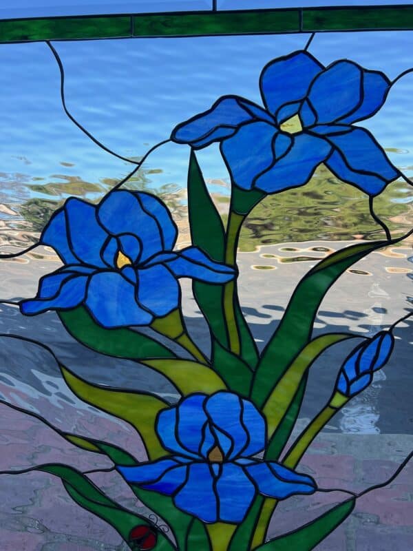 Stained Glass Iris & Lady Bug Stained Glass Window Panel