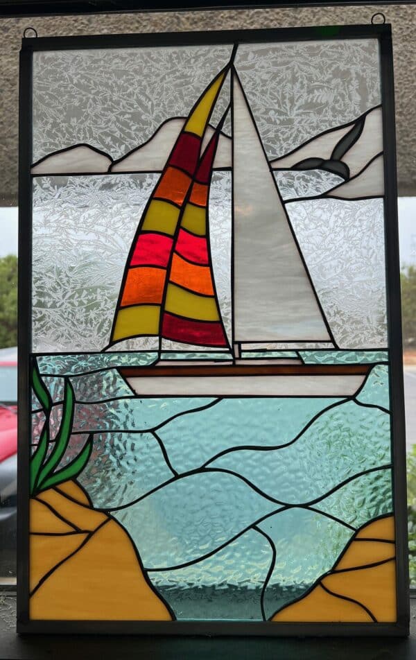 Sailboat & Seagull Stained Glass Window Panel