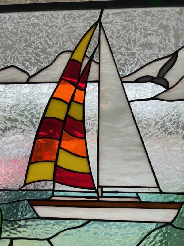 Sailboat & Seagull Stained Glass Window Panel