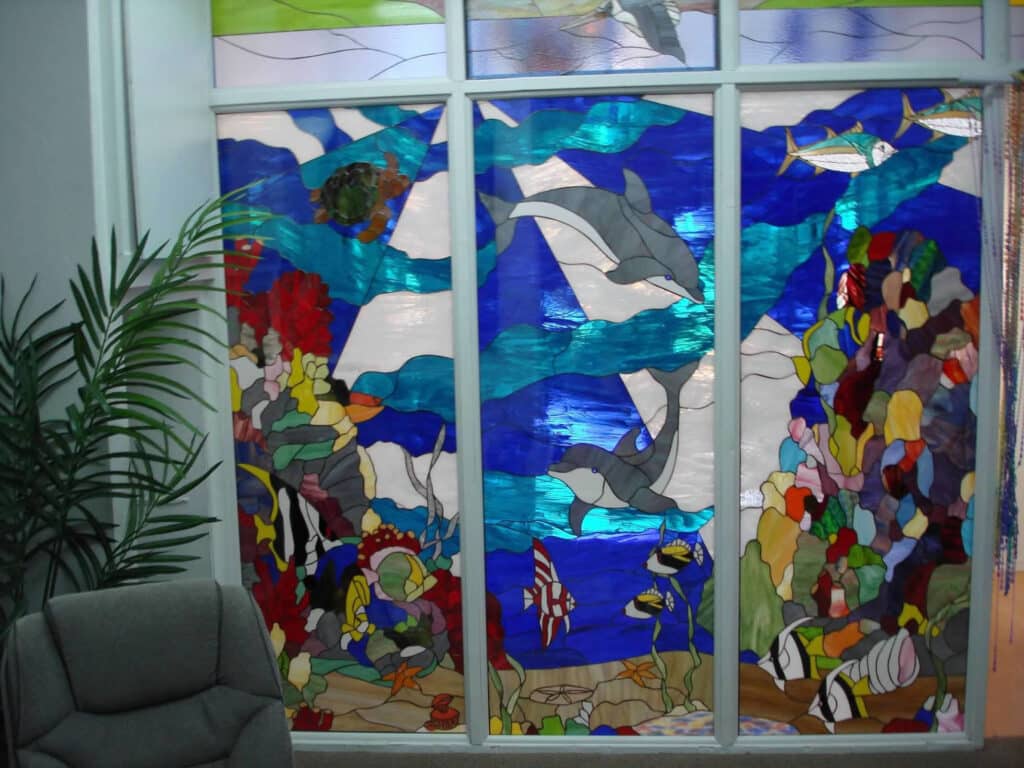 Stained Glass Dolphins and Sealife Installed