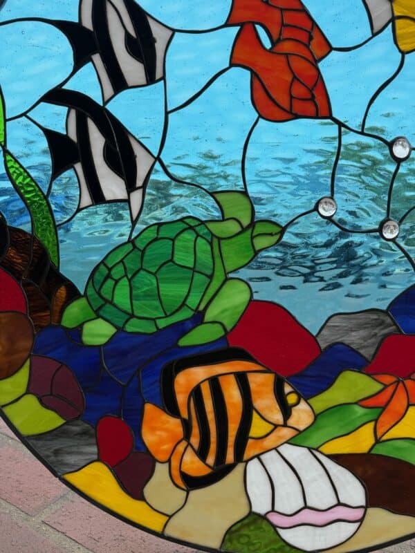 Incredible Under Watrer Scene Of Sealife Stained Glass Window
