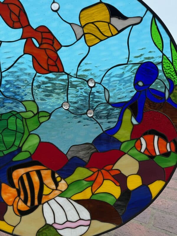 Incredible Under Watrer Scene Of Sealife Stained Glass Window
