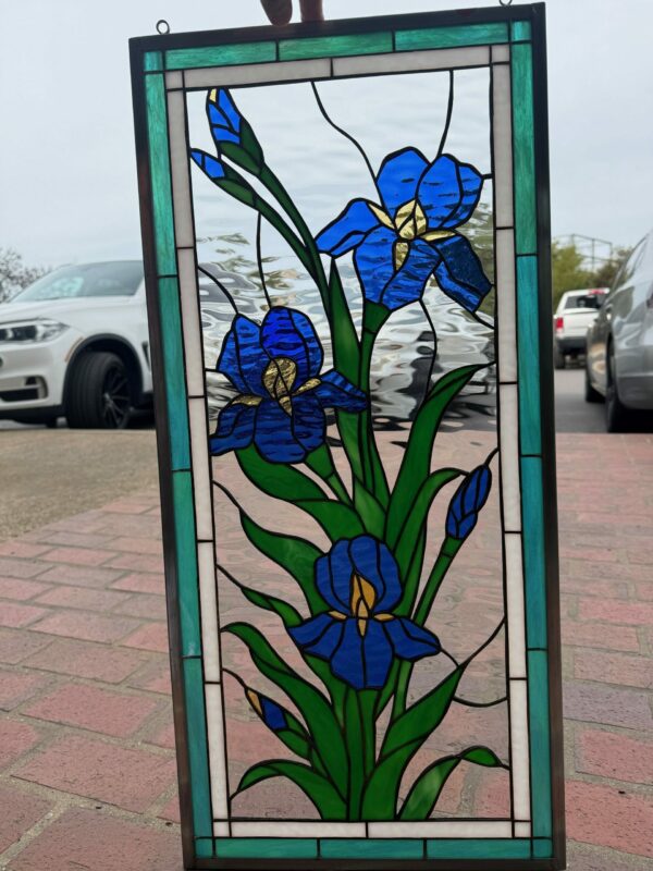 Lovely iris Trio Stained Glass Window
