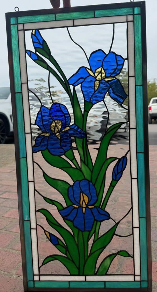 Lovely iris Trio Stained Glass Window