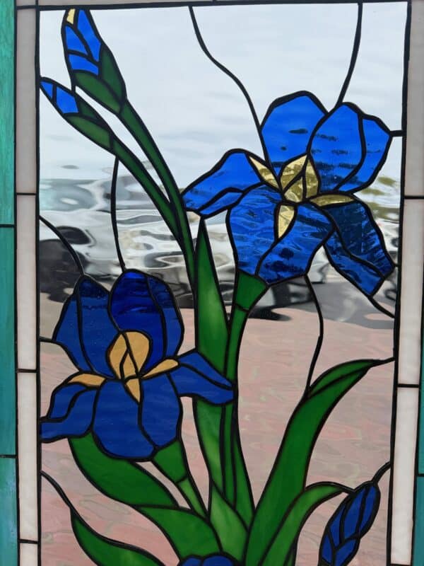 Lovely iris Trio Stained Glass Window