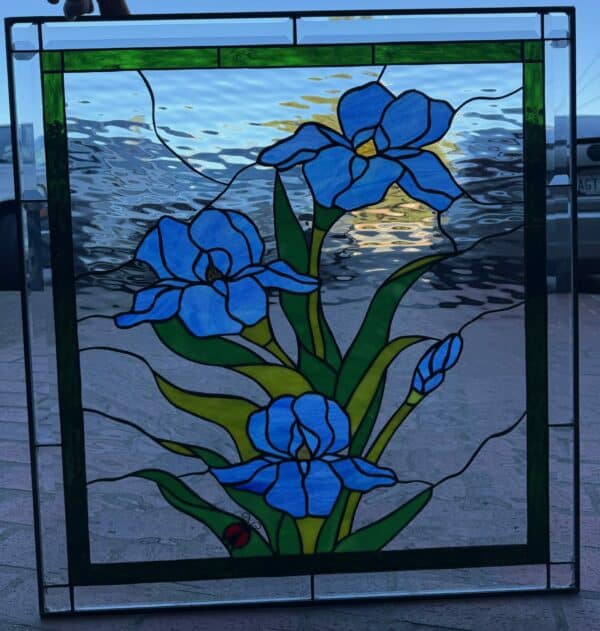 Elegant Lady Bug & Blue Iris Stained Glass Window