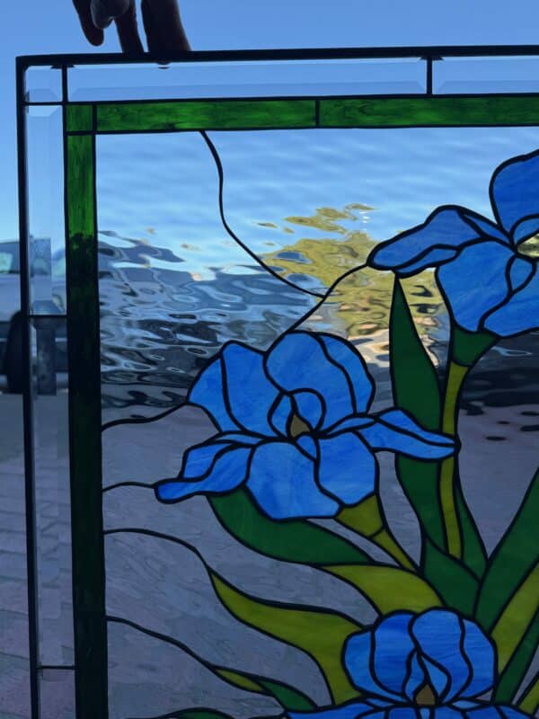 Elegant Lady Bug & Blue Iris Stained Glass Window