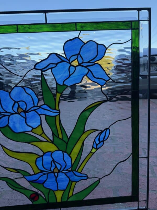 Elegant Lady Bug & Blue Iris Stained Glass Window