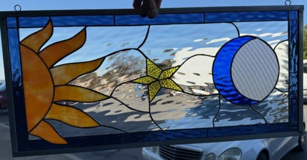 Vibrant Sun, Star & Moon Stained Glass Window