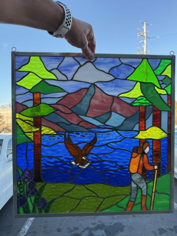 Hiker, Eagle & Lake Stained Glass Window Panel