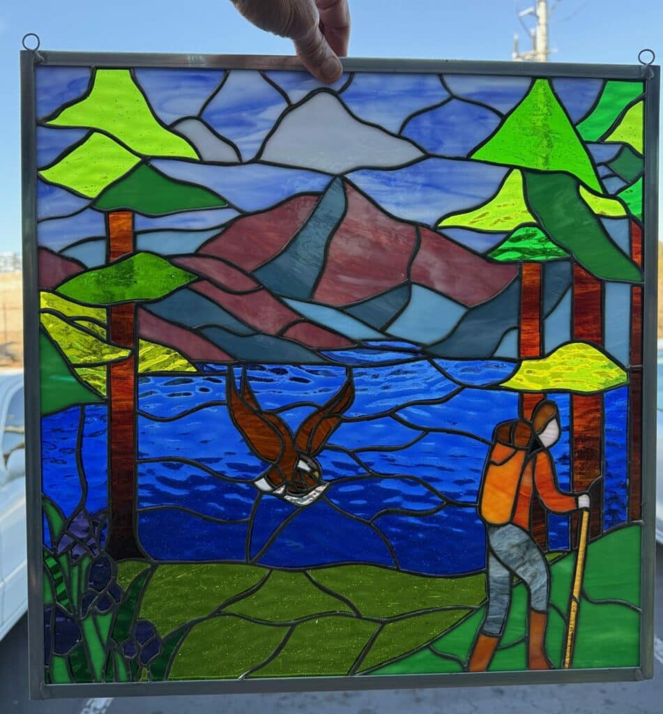 Hiker, Eagle & Lake Stained Glass Window Panel